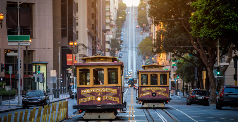 San Francisco Cable Cars on California Street at sunrise, California, USA